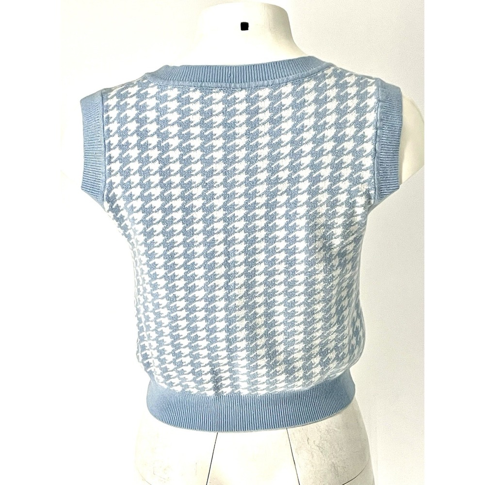 Women's Pastel Baby Blue Houndstooth cropped Sweater Vest Knit Small White - Picture 2 of 8